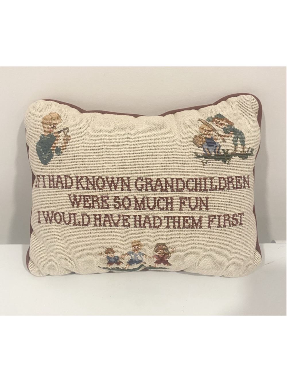 Vintage Grandchildren Tapestry Pillow “Had Them First” Needlepoint Style